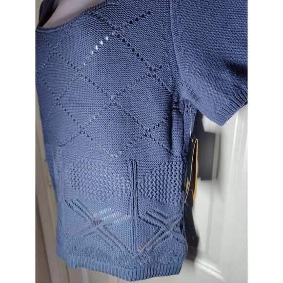 Frye Pointelle Knit Scoop Neck Short Sleeve Pullover Blue Gray Sweater L NWT - Picture 4 of 7